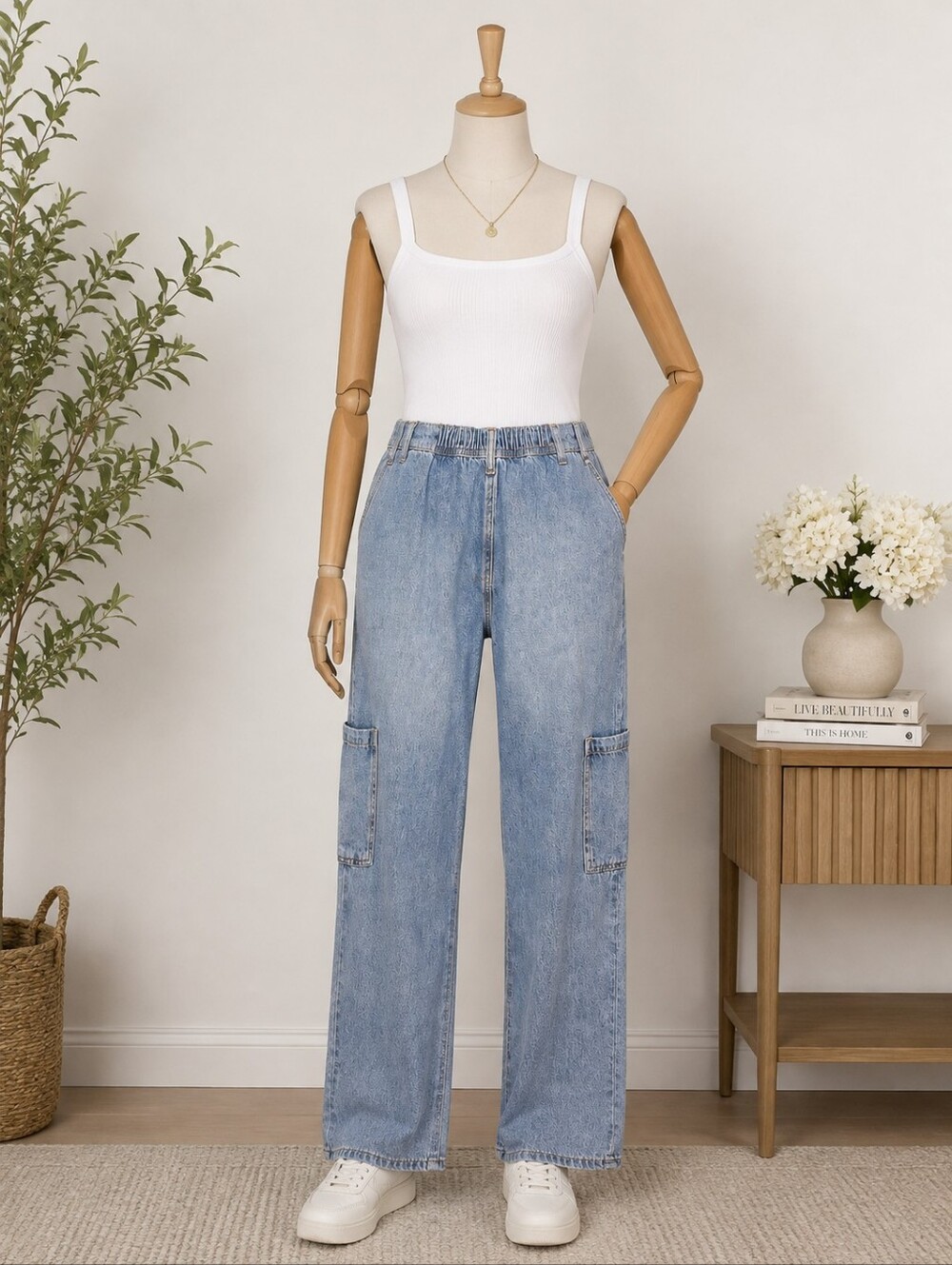 High-Waist Light Blue Wide-Leg Cargo Jeans for Women
